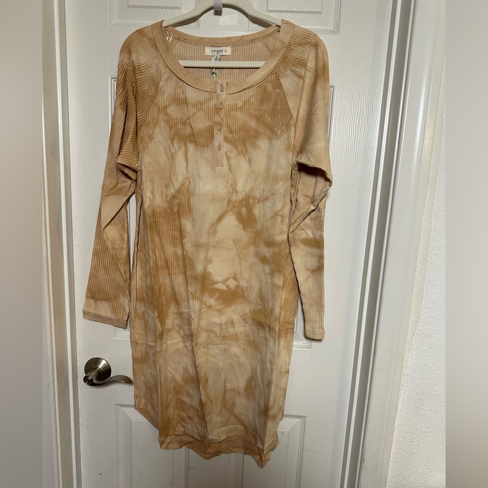 Umgee Tan and Brown Ribbed Tie Dye Dress
